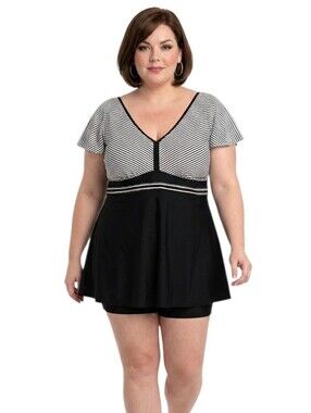 Arolina Black Stripped Flutter Sleeve Plus Size Swim Dress With Shorts Size 26